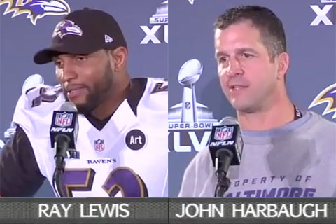 Baltimore Ravens linebacker, Ray Lewis and coach John Harbaugh address the media regarding perfomance enhancing drugs allegations on Wednesday, Jan. 30, 2013 in New Orleans.