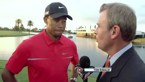 Tiger Woods speakers with Tom Rinaldi after his win   on Sunday, March 11, 2013 at tthe WGC-Cadillac Championship