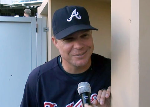 Photo shows Chipper Jones in an interview speaking about his final year in baseball.