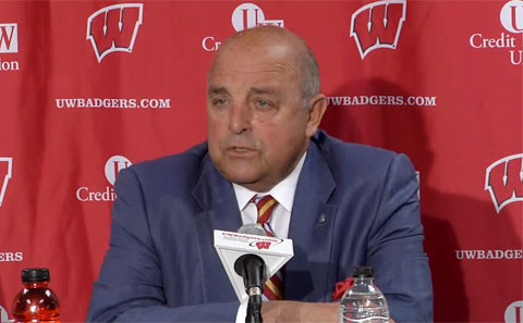  Photo shows University of Wisconsin athletic director, Barry Alvarez, speaking at college football playoff press conference in October 2013. 