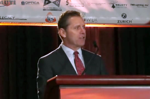 Photo shows former Seattle Seahawks great Steve Largent speaking at the 2013 NATE conference in Ft. Worth.